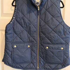 J. Crew Blue Quilted Vest with Gingham Lining and Gold Buttons